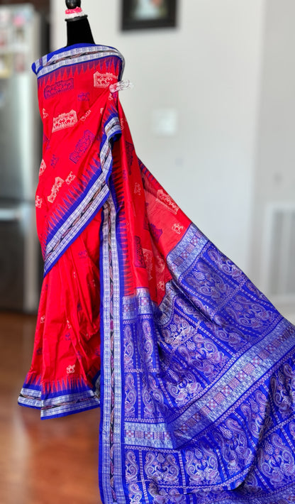 Gorgeous Bomkai pure silk saree in Red and Royal blue combination