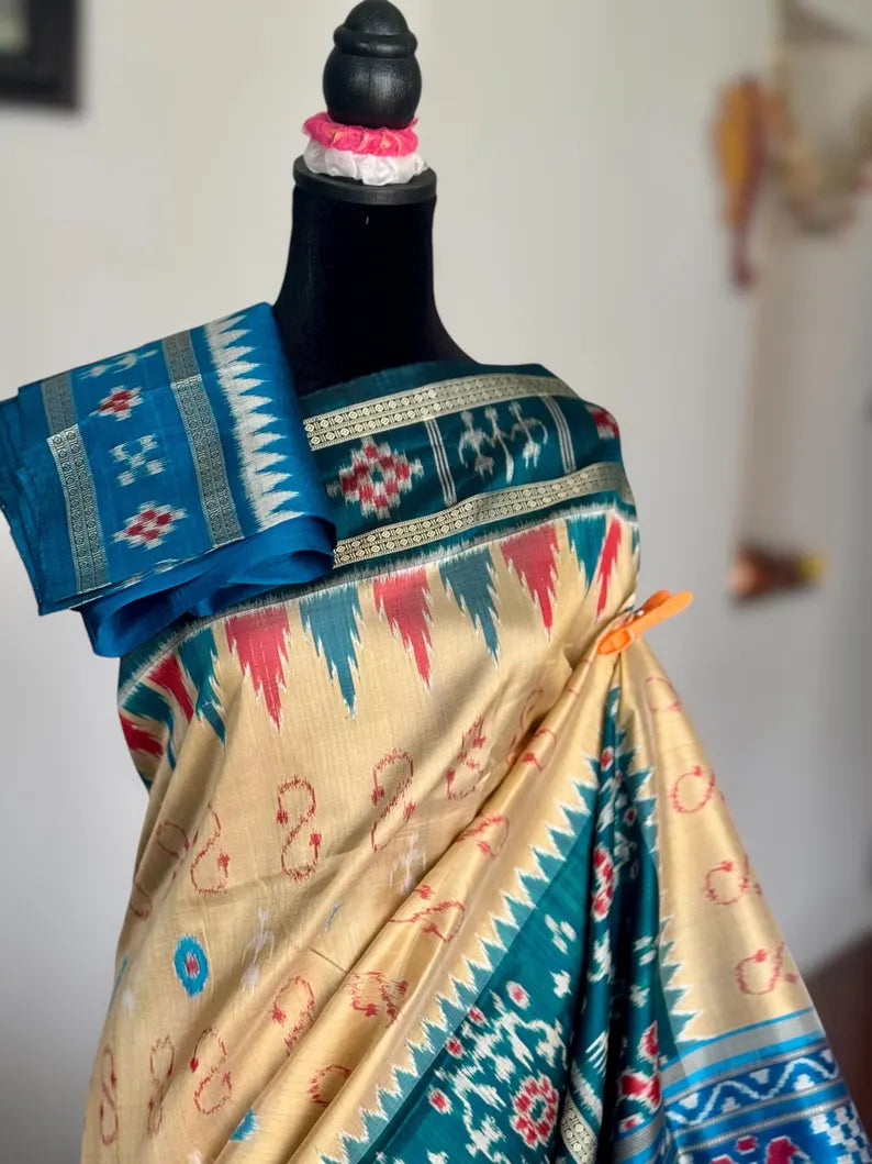 Baige Gold with blue combination handwoven contemporary ikat pure silk saree | Odisha weaves