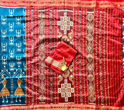 Gorgeous Eastern Blue with red color khandua silk from Odisha weaves