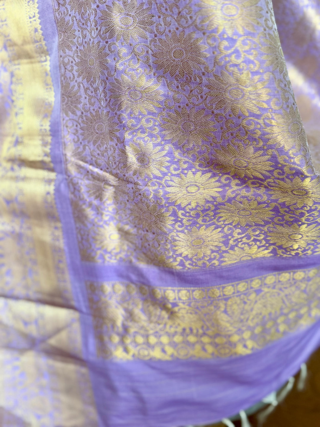 Lavender Ikkat (Pochampally)Fusion Silk Saree with Zari Woven Kanchipuram Border and Unstitched Blouse