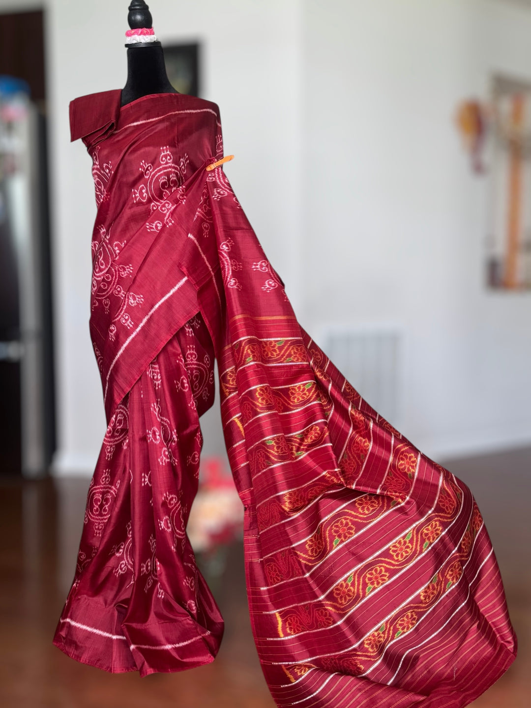 Fainted Maroon color Laxmi Pada contemporary ikat pure silk saree| Odisha Weaves
