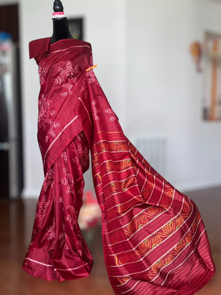 Fainted Maroon color Laxmi Pada contemporary ikat pure silk saree| Odisha Weaves
