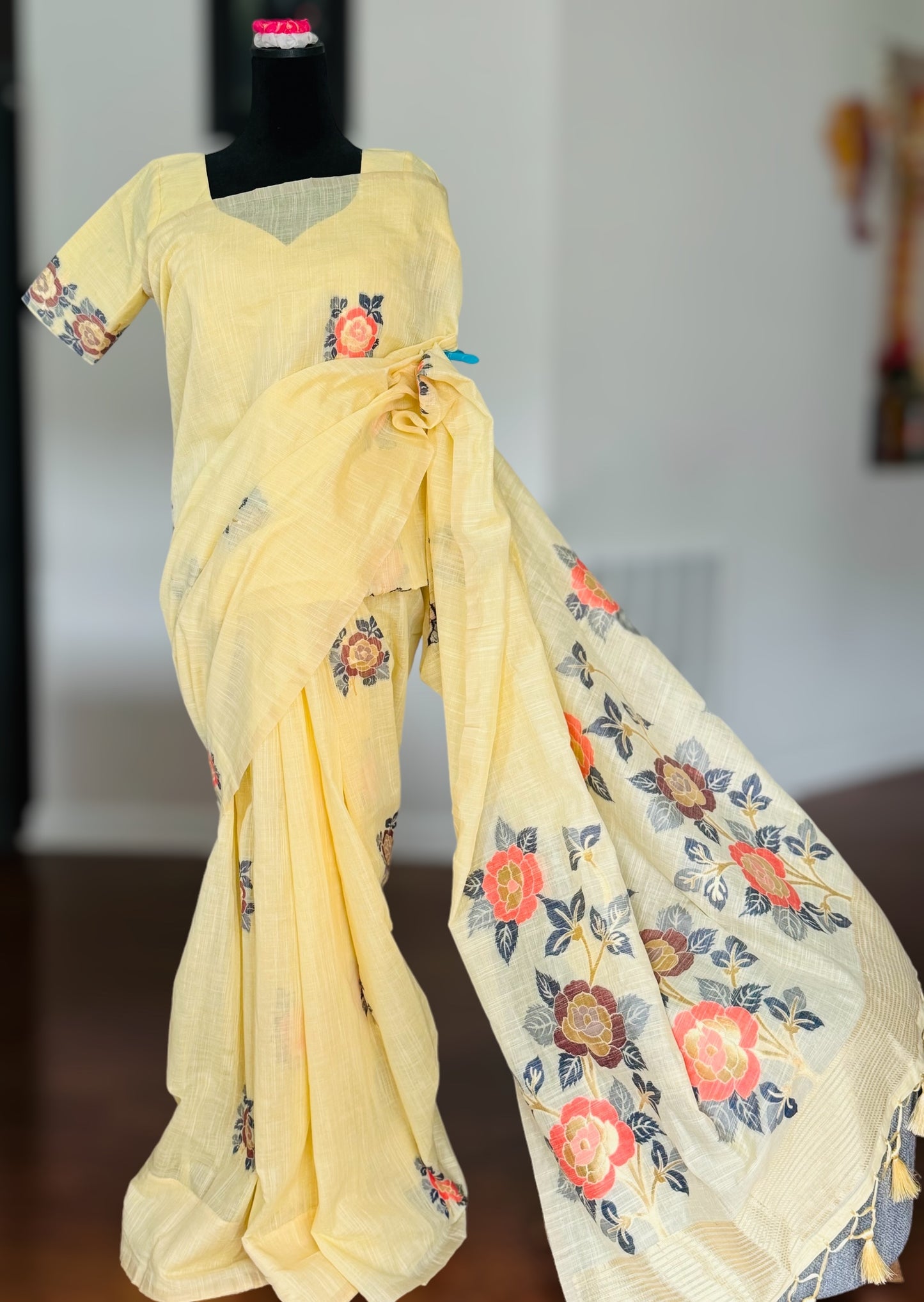 Light Yellow Linen by cotton saree with stitched blouse - Value Vogue Edition