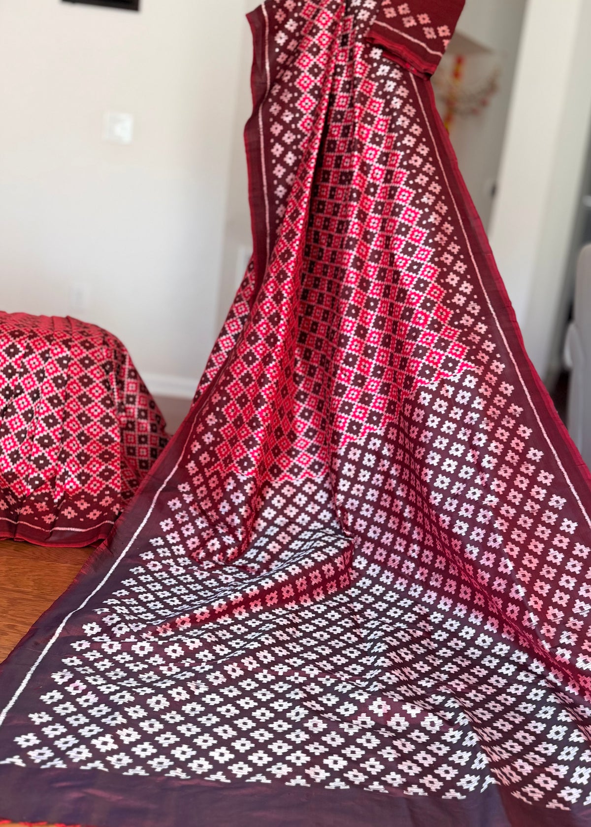 Maroon handwoven ikat pure silk saree with pasapali design|Odisha Weaves|Contemporary Ikat|Antara