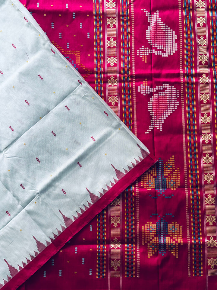 Blueish Grey with Magenta Phoda kumbha Sambalpuri handwoven pure Silk Saree with Dobby weaved Pallu |Odisha Weaves