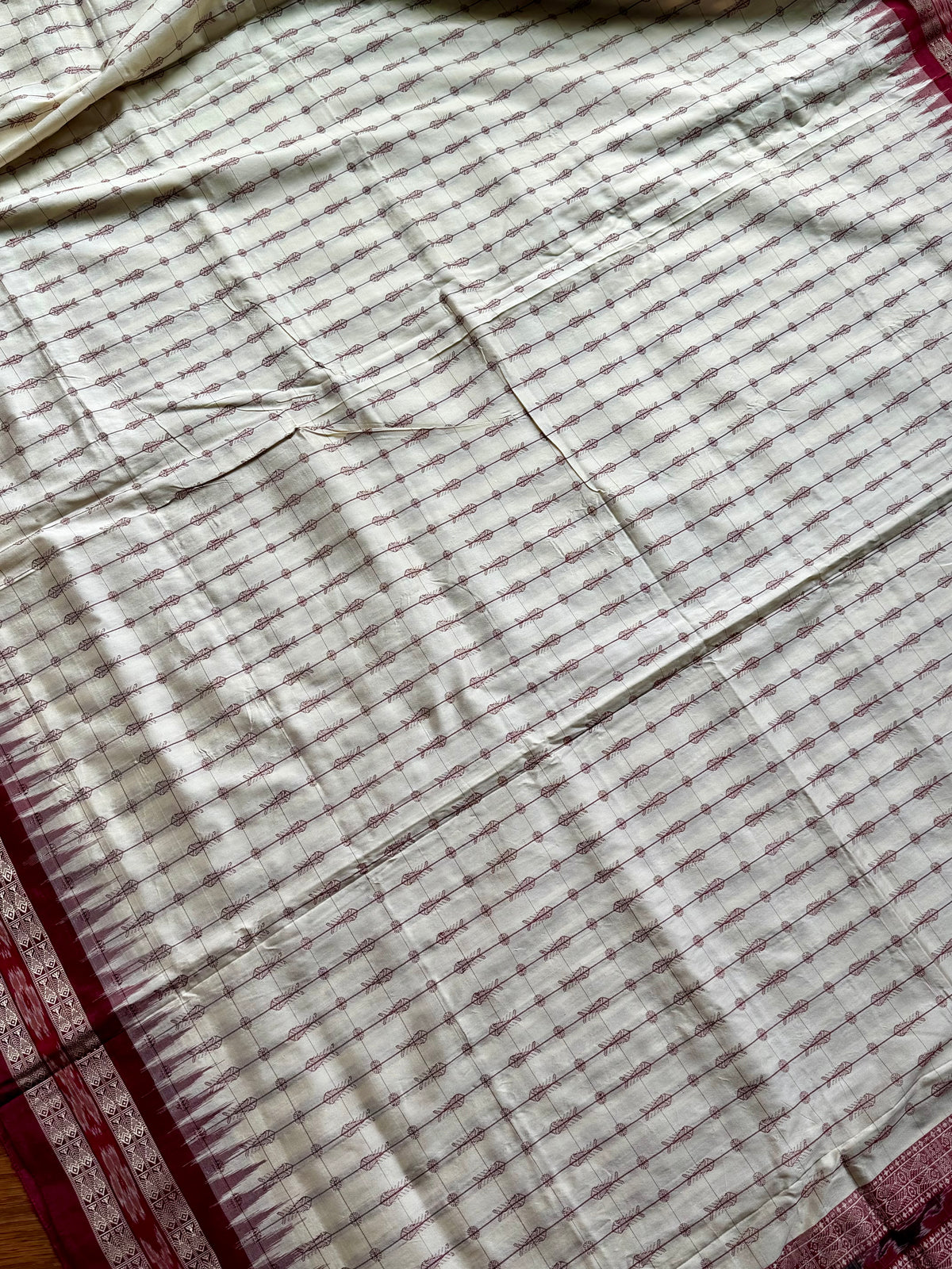 Offwhite (cream) and maroon handwoven Sambalpuri thousand motif pure Ikkat silk saree | Odisha Weaves (Copy)