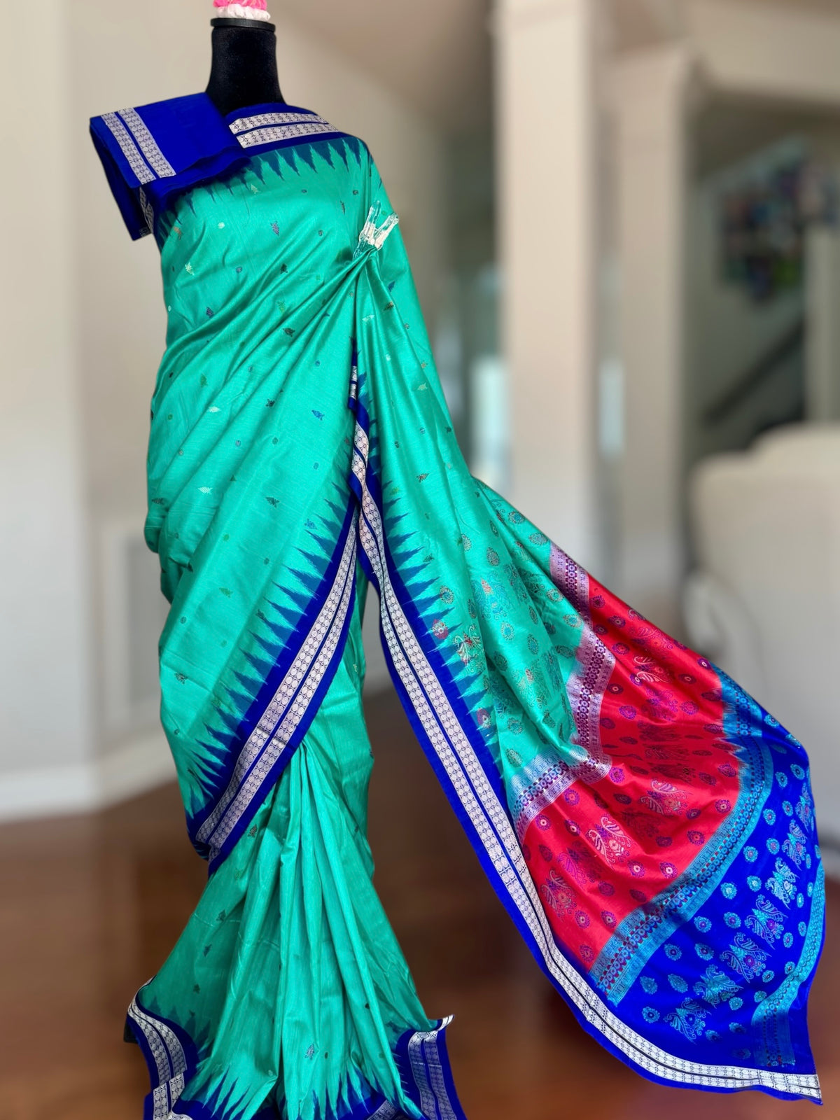 Aquamarine and blue combination master woven Bomkai pure silk saree | Odisha Weaves