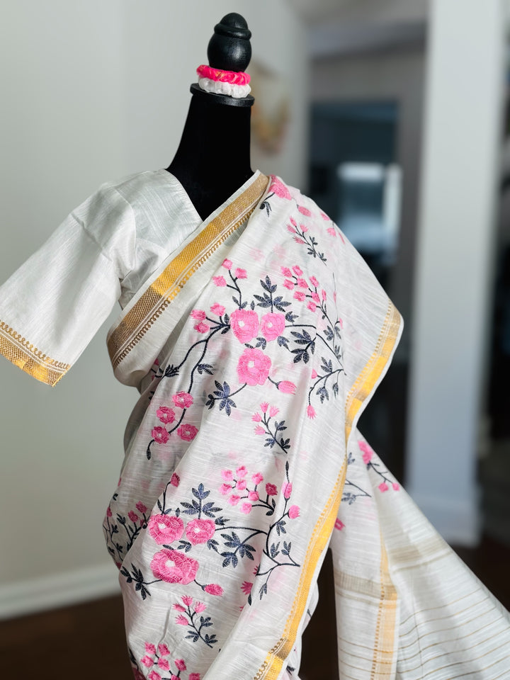 White color Linen muslin silk saree with embroidery work and stitched blouse| Value Vogue