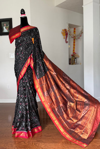Black and rust red handwoven Sambalpuri pure Ikkat silk saree with tissue border and pallu | Odisha Weaves