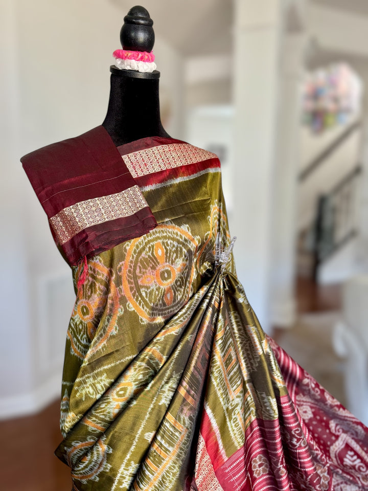 Olive green with maroon handwoven Sambalpuri Ikat Silk saree |Odisha Weaves