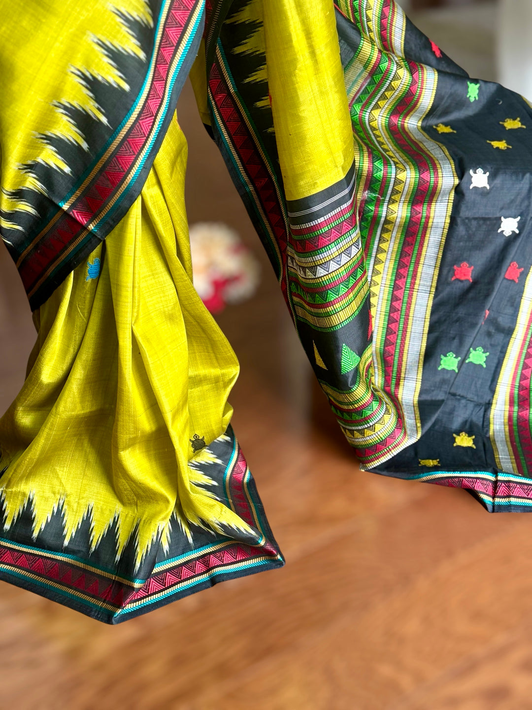 Light green and black combination Dongria double pallu contemporary ikat pure silk saree