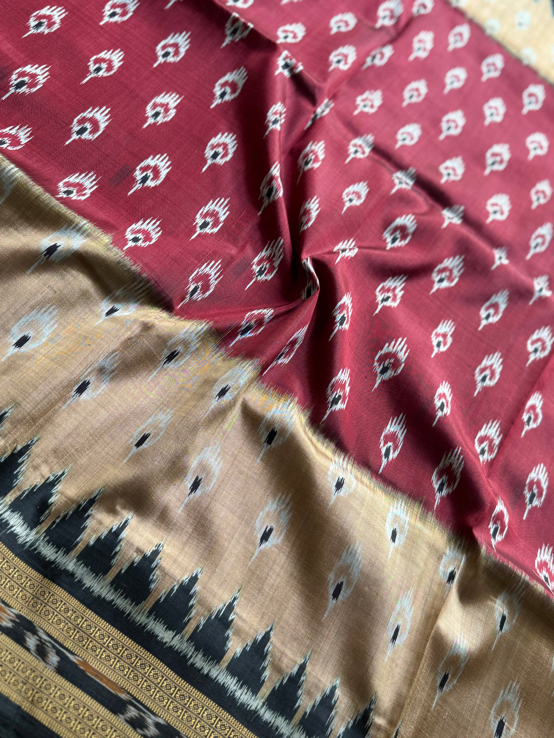 Maroon Beige Chandrika body Contemporary Ikat Pure Silk Saree|Odisha Weaves|Mishrita