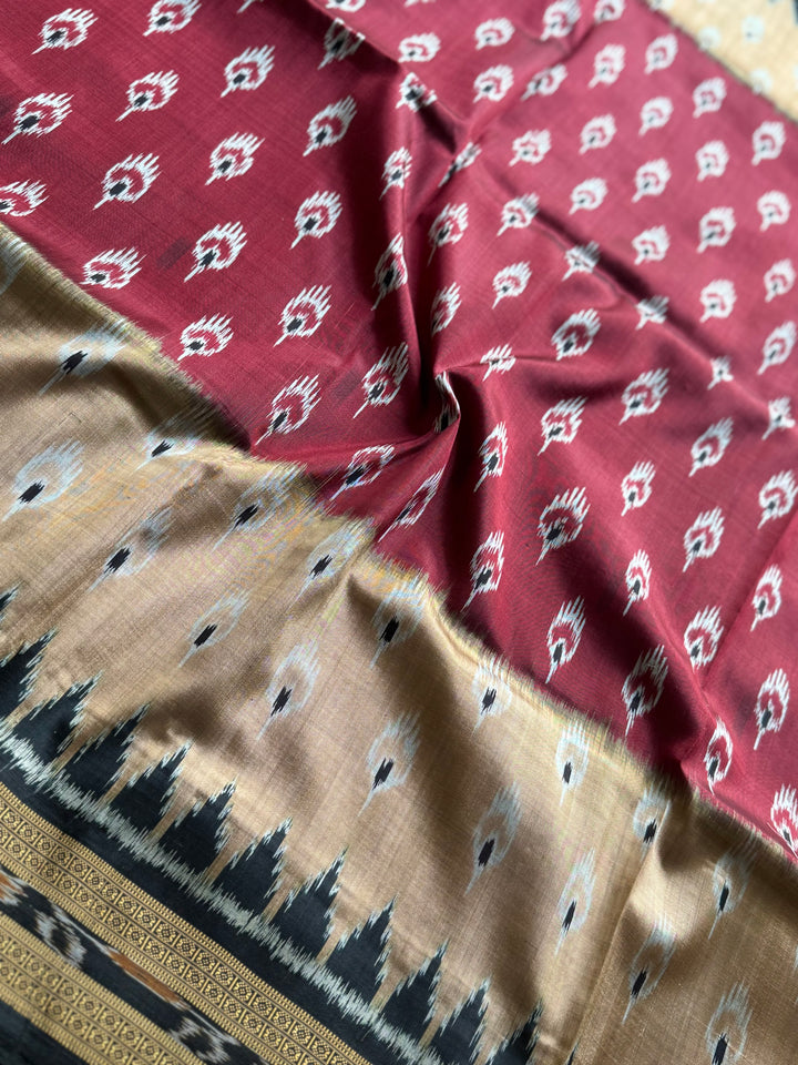 Maroon Beige Chandrika body Contemporary Ikat Pure Silk Saree|Odisha Weaves|Mishrita