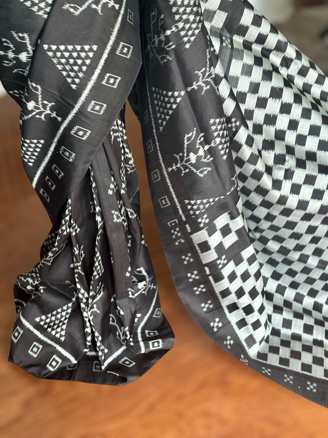 Handwoven Black contemporary ikat Silk Saree from Odisha|Mishrita