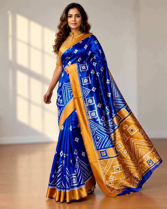 Blue with orange color handwoven ikat pure silk saree|Odisha Weaves|Contemporary Ikat|Antara