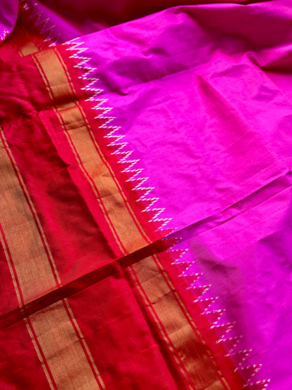 Bright Magenta-pink with Red Pochampally ikat pure silk saree with Patola pallu and Kanchi-Style Zari Border
