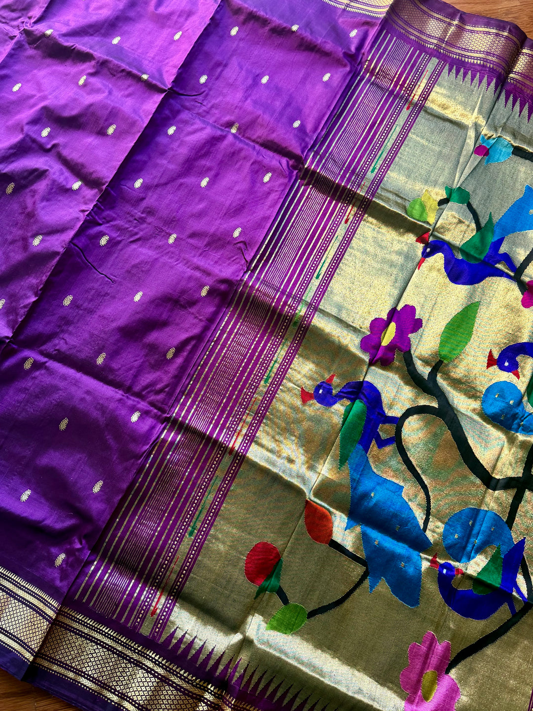 Handwoven Pure Silk Paithani Saree: Purple, Peacock Floral Pallu