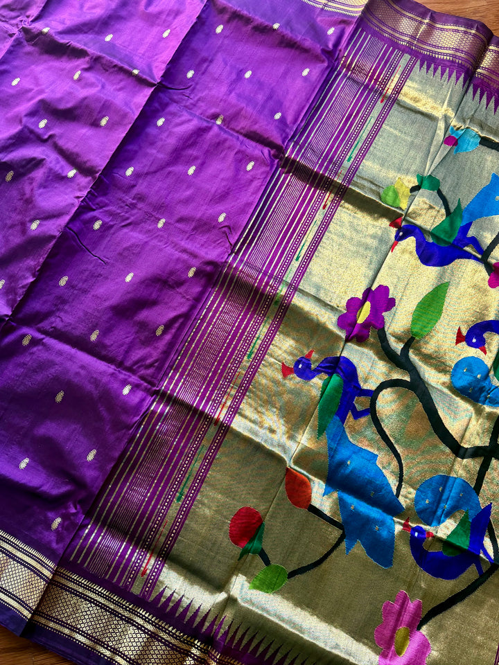 Handwoven Pure Silk Paithani Saree: Purple, Peacock Floral Pallu