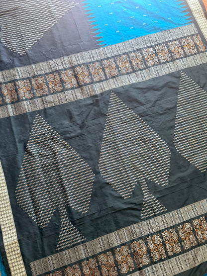 Beautiful Black and blue Handwoven Bomkai Pure Silk Saree –  from Odisha Weaves
