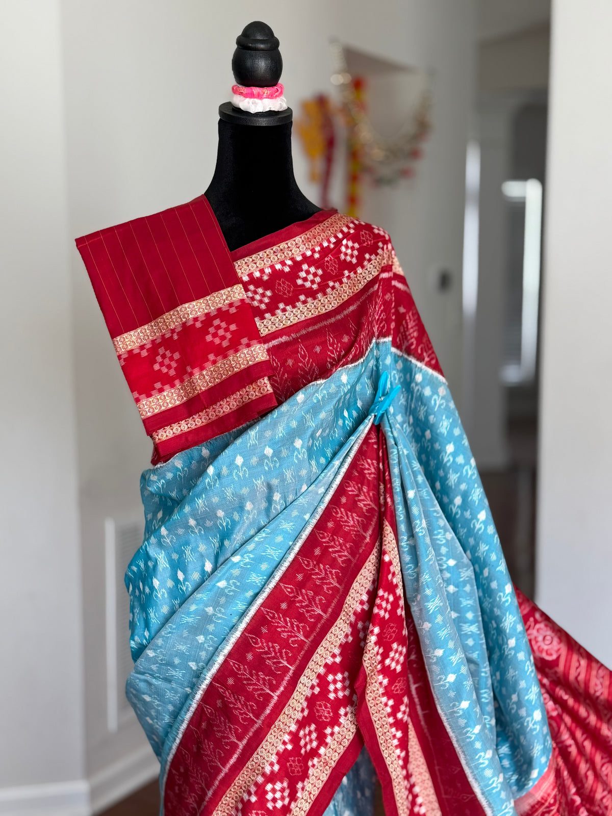 Ice-blue and red handwoven Sambalpuri pure Ikkat silk saree with pasapali border| Odisha Weaves