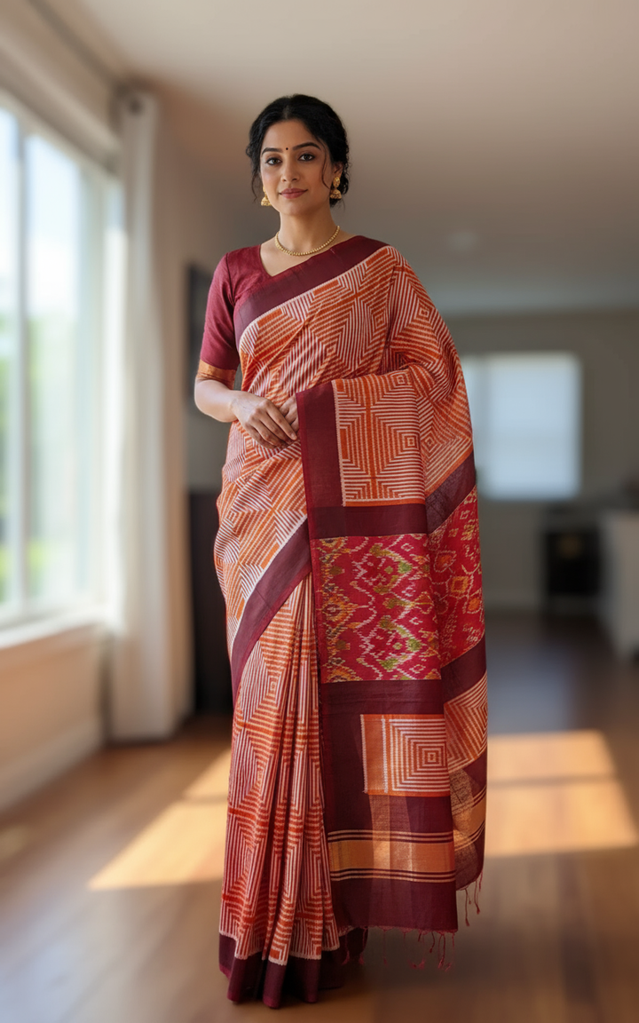 Orange and Brown combination Contemporary ikat pure silk saree with mirror effect body design