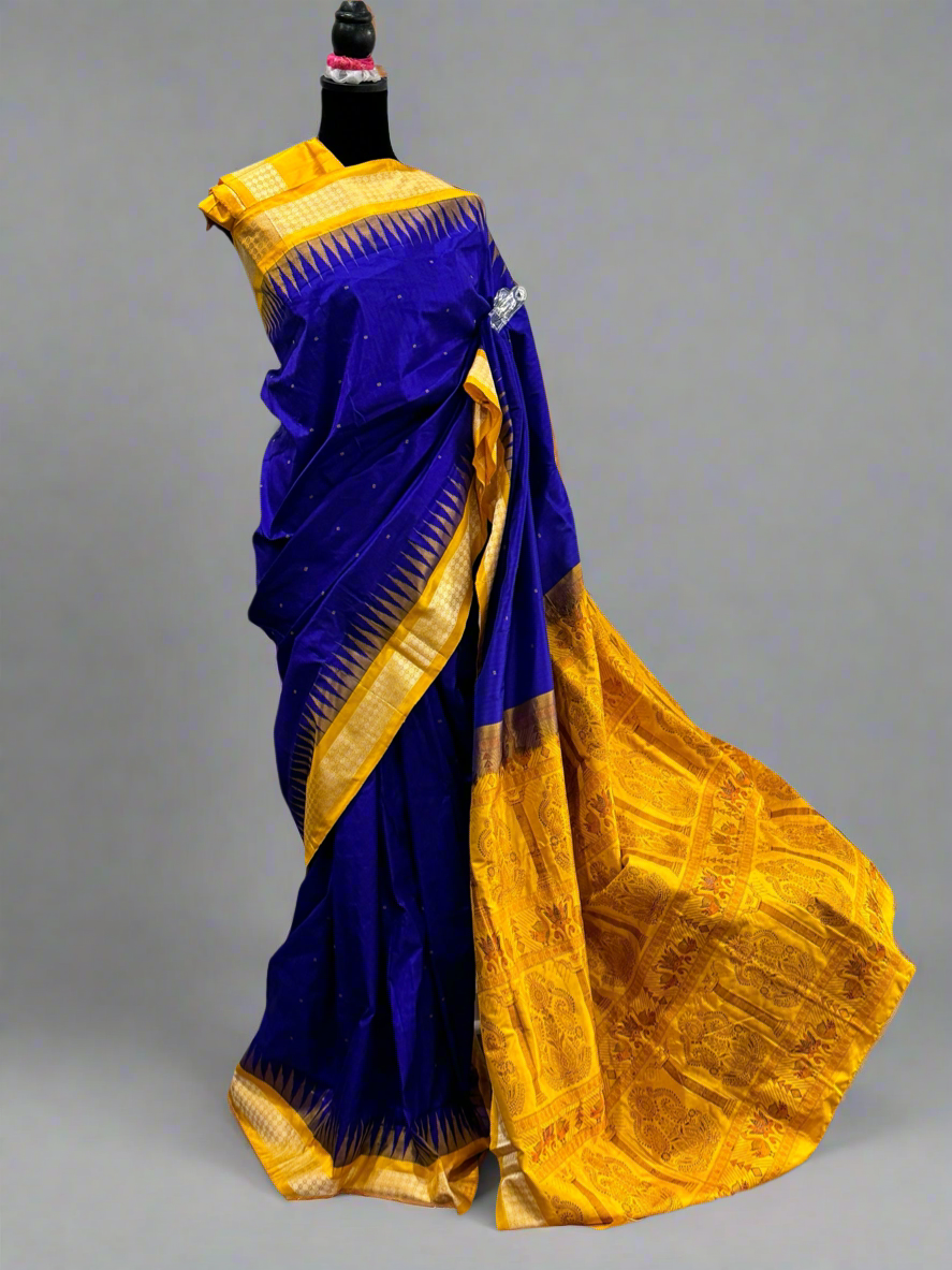 Royal blue and yellow combination Bomkai pure Silk Saree