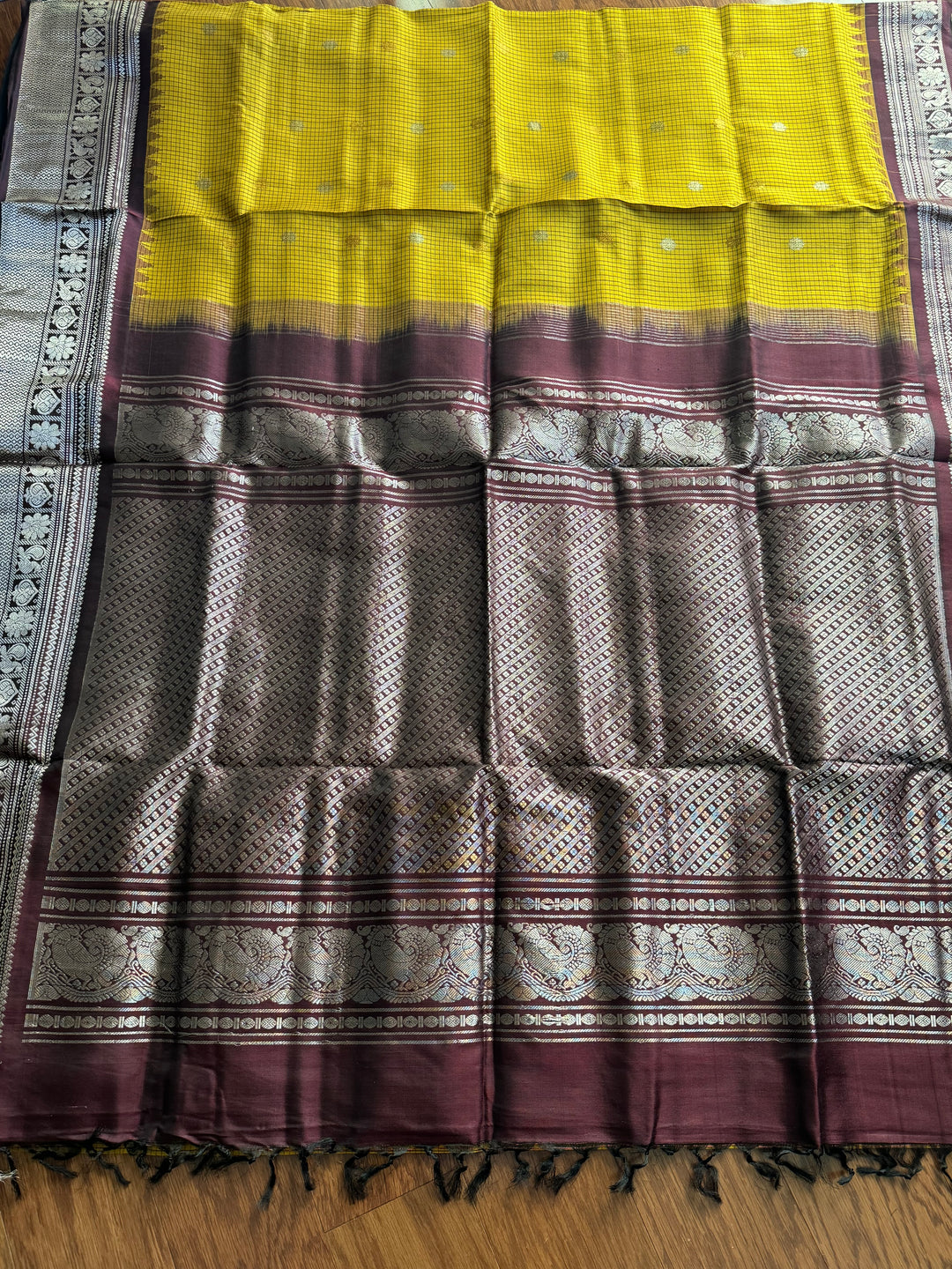 Handwoven Kuttu Gadwal pure Silk Saree in honey mustard color with Checks body