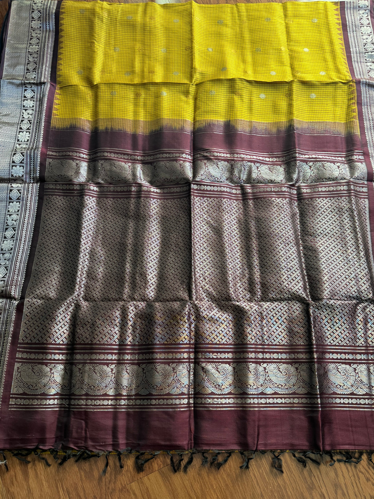 Handwoven Kuttu Gadwal pure Silk Saree in honey mustard color with Checks body