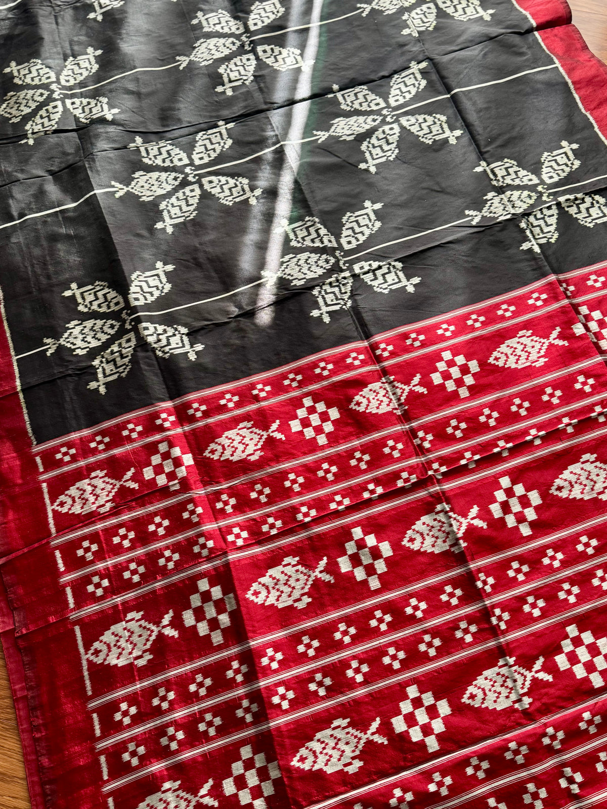 Black color fish motif handwoven ikat pure silk saree|Odisha Weaves|Contemporary Ikat|Antara