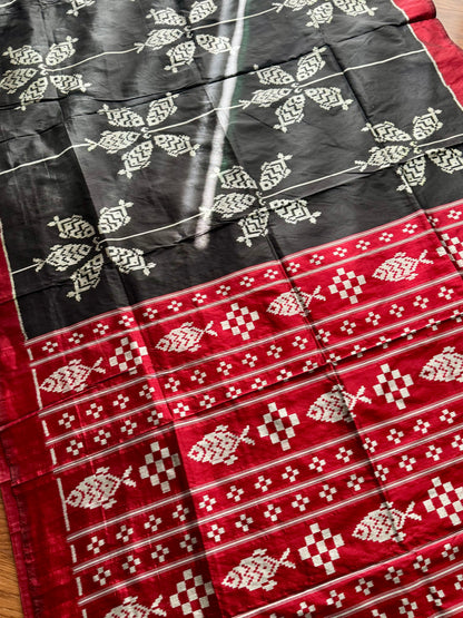 Black color fish motif handwoven ikat pure silk saree|Odisha Weaves|Contemporary Ikat|Antara