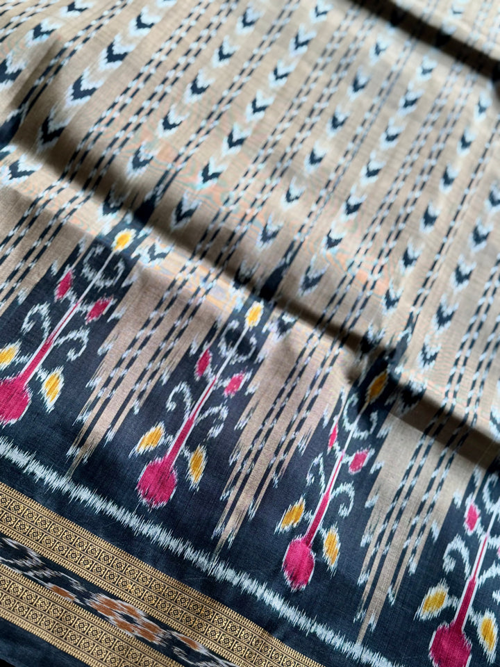 Handwoven Pure Silk ikat Khandua Saree Beige-Gold|Mishrita |Odisha Weaves