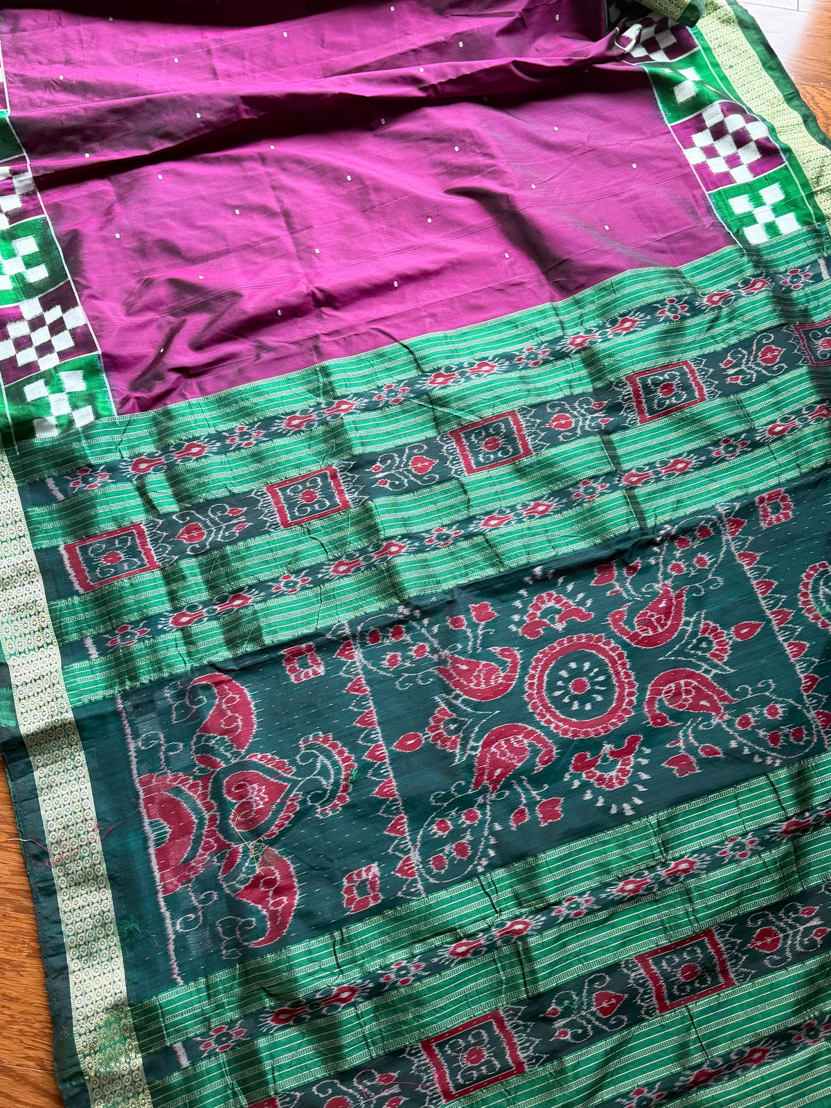 Plum and green combination Sambalpuri pasapali handwoven Ikkat semi-silk saree| Odisha Weaves
