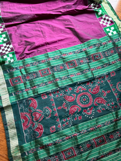 Plum and green combination Sambalpuri pasapali handwoven Ikkat semi-silk saree| Odisha Weaves