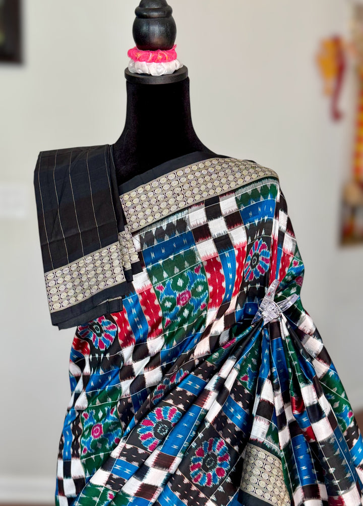 Handwoven Utkal Laxmi Sambalpuri ikat pure silk saree, Green Ikat pallu|Odisha Weaves|