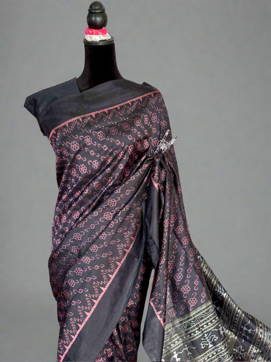 Masterweaved black Sambalpuri Ikat pure silk saree