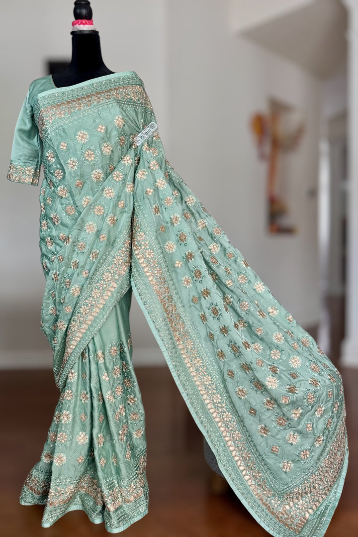 Sage Green Color gota and embroidery work designer satin crep silk saree|Party Wear Saree|PPS