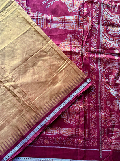 Pale Mustard Yellow Sambalpuri Ikat Pure Silk Saree with “Triphala” Ikat Pallu and Maroon Border