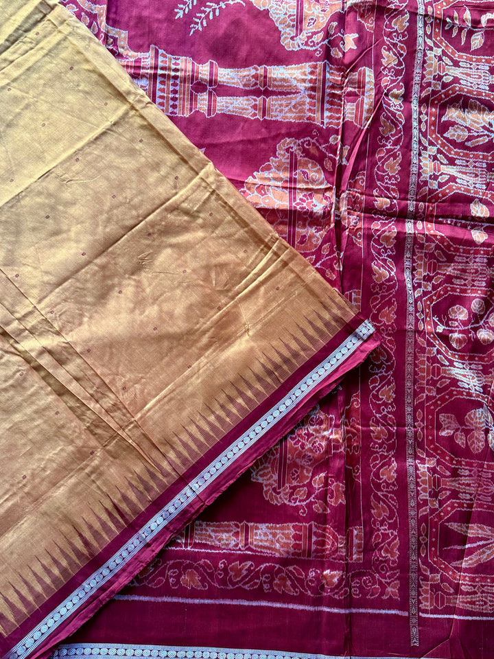 Pale Mustard Yellow Sambalpuri Ikat Pure Silk Saree with “Triphala” Ikat Pallu and Maroon Border |Odisha Weaves