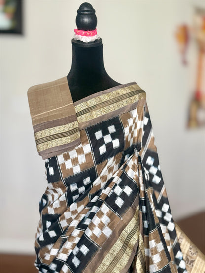 Sambalpuri Handwoven ikat pasapali pure silk saree|Toupe Color|Odisha Weaves|