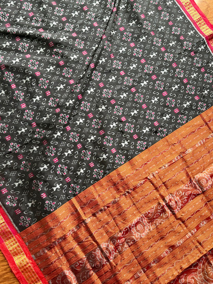 Black and rust red handwoven Sambalpuri pure Ikkat silk saree with tissue border and pallu | Odisha Weaves