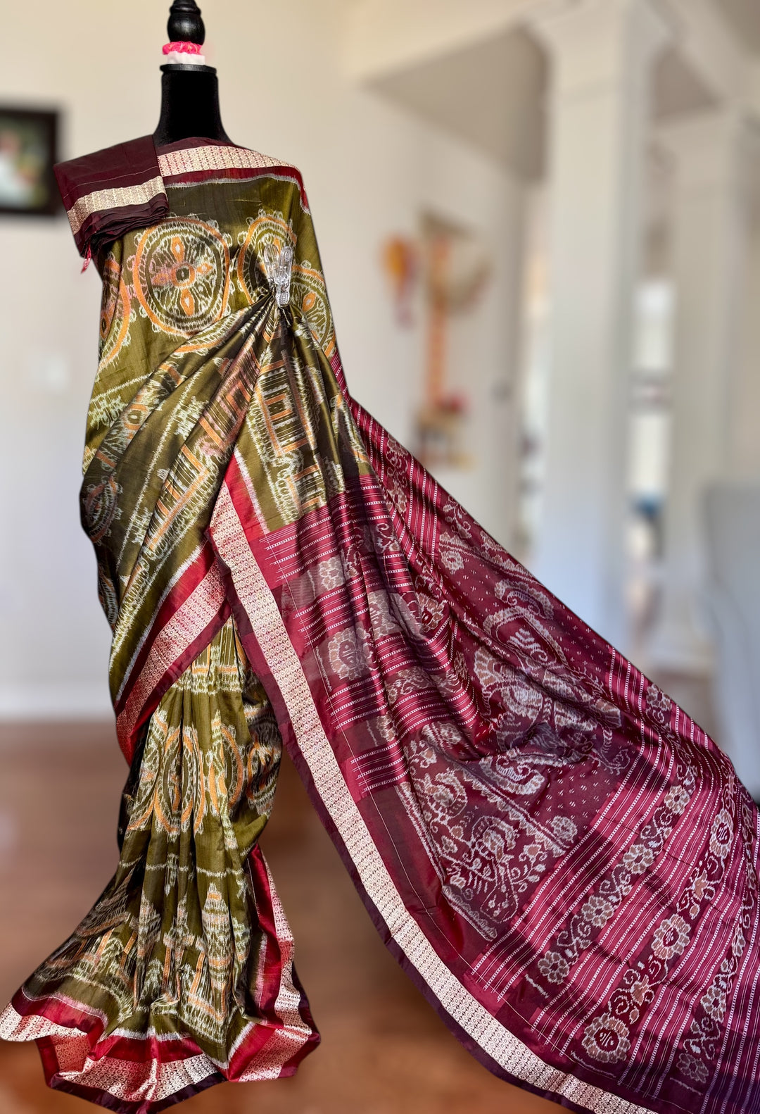 Olive green with maroon handwoven Sambalpuri Ikat Silk saree |Odisha Weaves