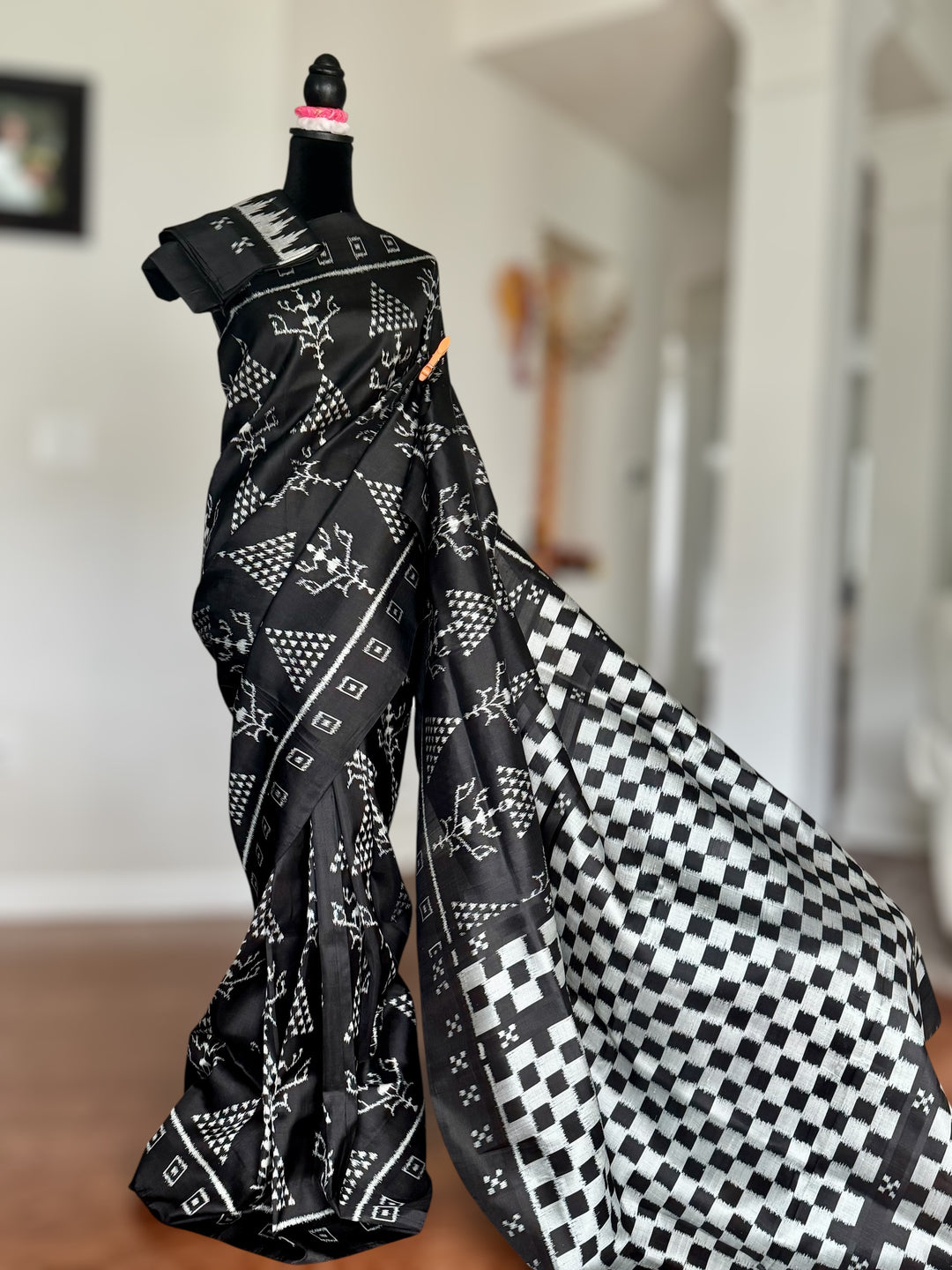 Handwoven Black contemporary ikat Silk Saree from Odisha|Mishrita