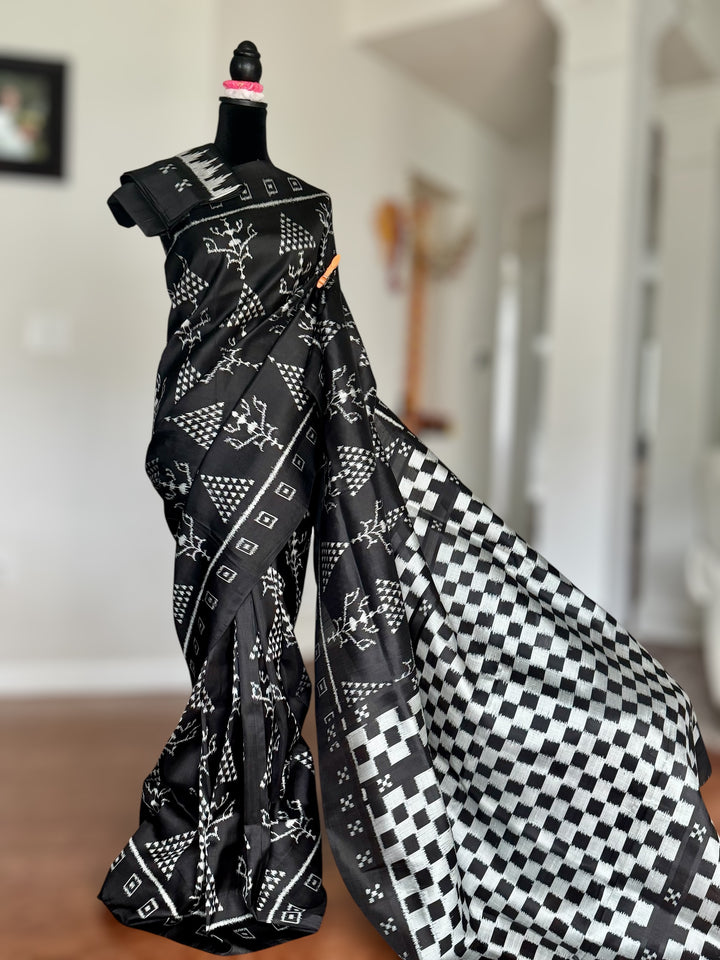 Handwoven Black contemporary ikat Silk Saree from Odisha|Mishrita