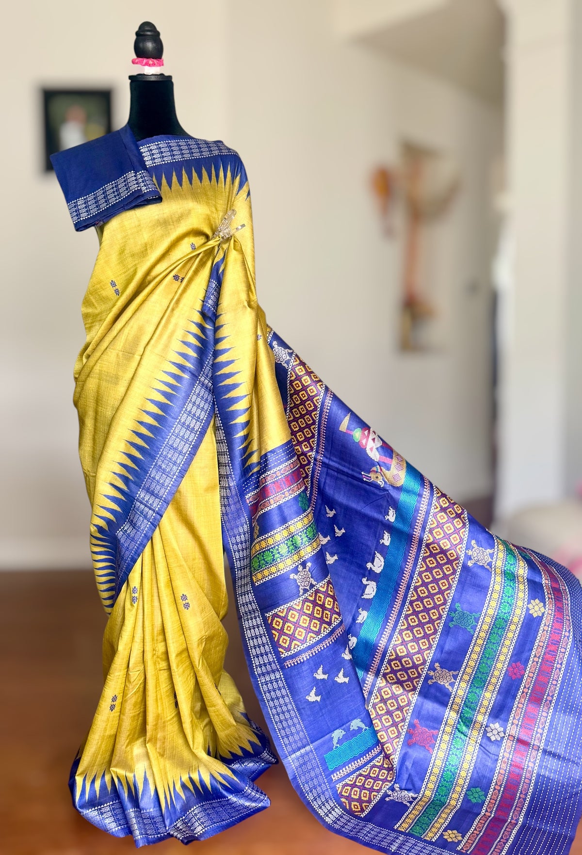 Boita theme handwoven pure Tussar silk saree in greenish yellow and blue color