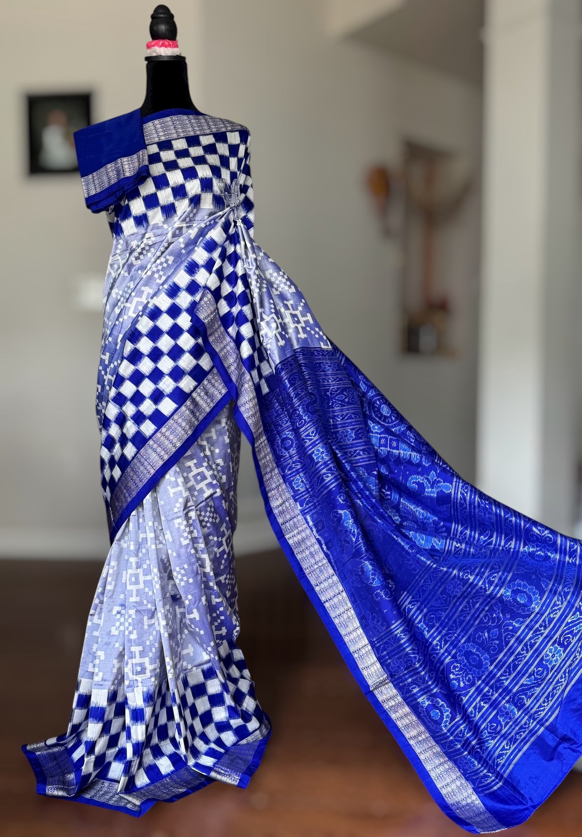 Blue handwoven pasapali Sambalpuri ikat pure silk saree | Odisha weaves