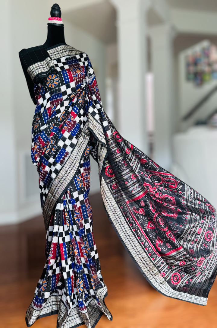 Handwoven Utkal Laxmi Sambalpuri ikat pure silk saree, Maroon Ikat pallu|Odisha Weaves|