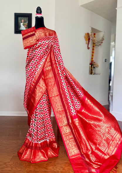 Red Twill Ikkat (Pochampally)handwoven pure silk Saree with Zari Woven Kanchipuram Border