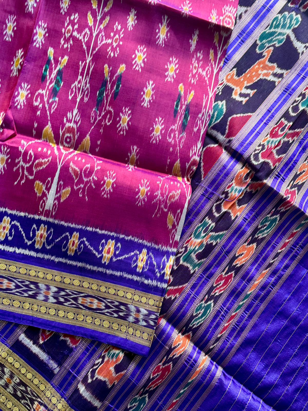 Magenta traditional ikat Khandua handwoven pure silk saree|Odisha Weaves