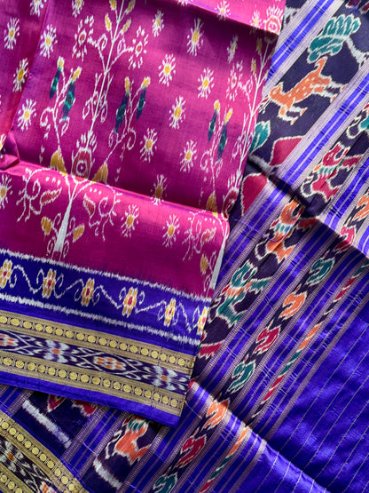 Magenta traditional ikat Khandua handwoven pure silk saree|Odisha Weaves
