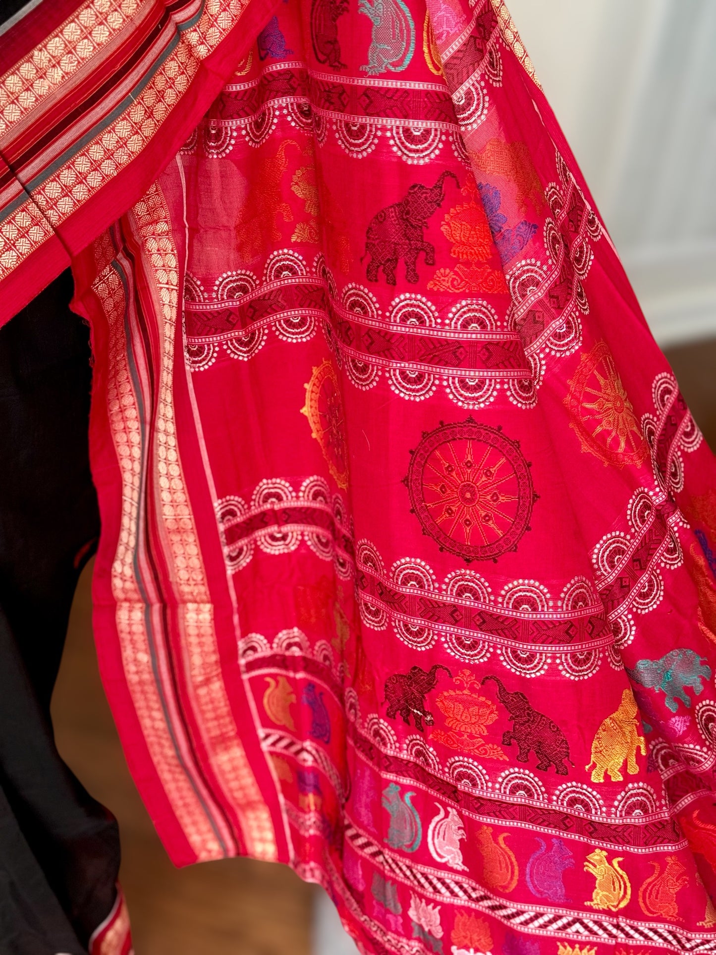 Handwoven Bomkai cotton saree in black red combinations